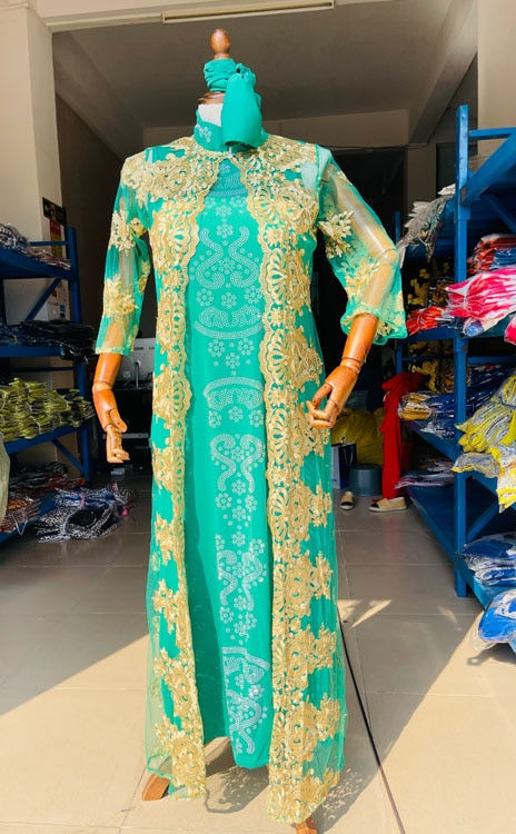 Thumbnail: African Party  Lace Embroidered Coat And  Pressed Diamond Pattern Long Dress Wi