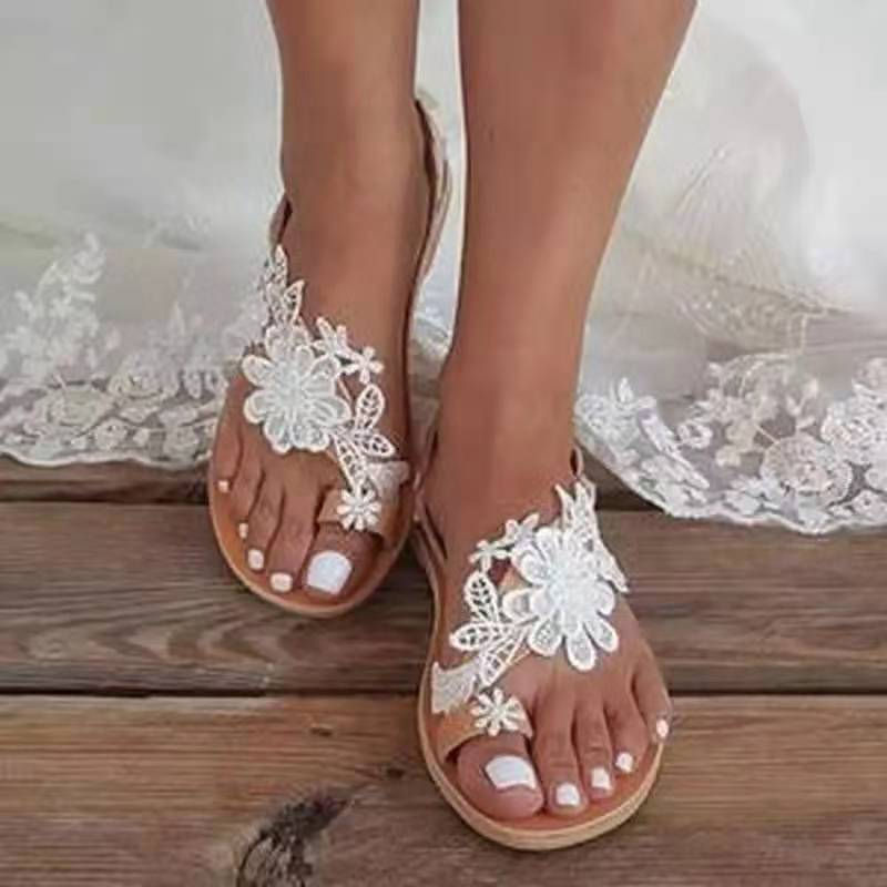 Thumbnail: Summer Women Sandals Sweet Boho Pearl Decoration Sandals Leather Flats Plus Siz