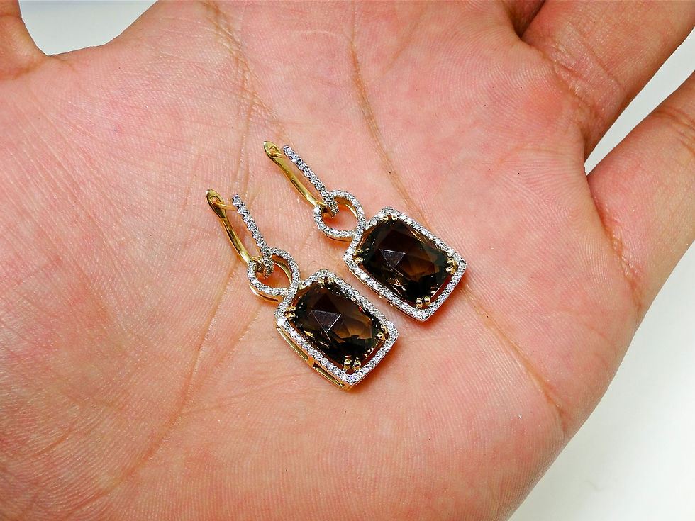 Thumbnail: Ladies 14K Yellow Gold  White Diamond Smoky Quartz Hoop Dangle Earring 1.3 Inch