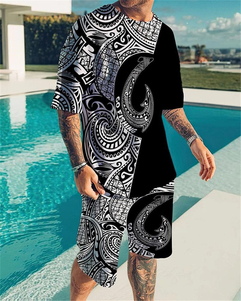 Thumbnail: Summer Men's Suit Short Sleeve T-Shirt Suit Print Tai Chi Pattern 3D Sportswear