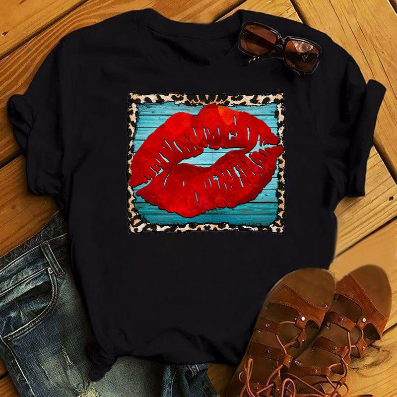 Thumbnail: Casual Top Pink Leopard Print Lips Women's Top New Women's Sexy Lip Pattern Wom