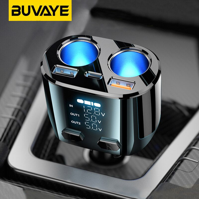 Miniature : BUVAYE 66W Car Fast Charger Cigarette Lighter Socket Dual USB PD Adapter Splitt