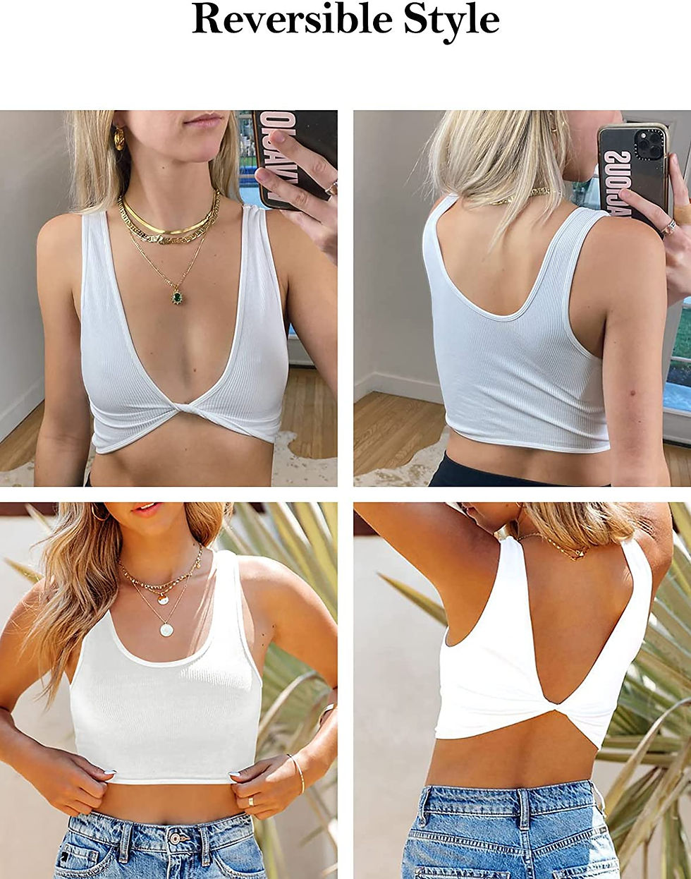 Thumbnail: AZOKOE Women Crop Tops Twist Knot V Neck Sleeveless Ribbed Tank Reversible Style
