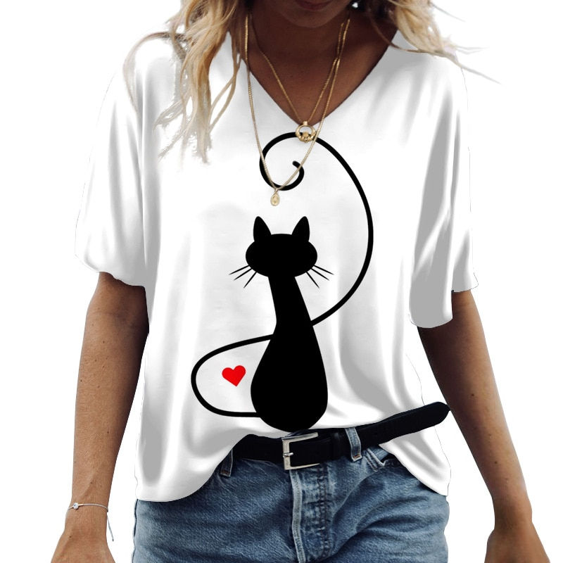 Thumbnail: Cartoon Cat V Neck Women's T-shirts Cute Cat Print Short Sleeve Summer Kawaii F