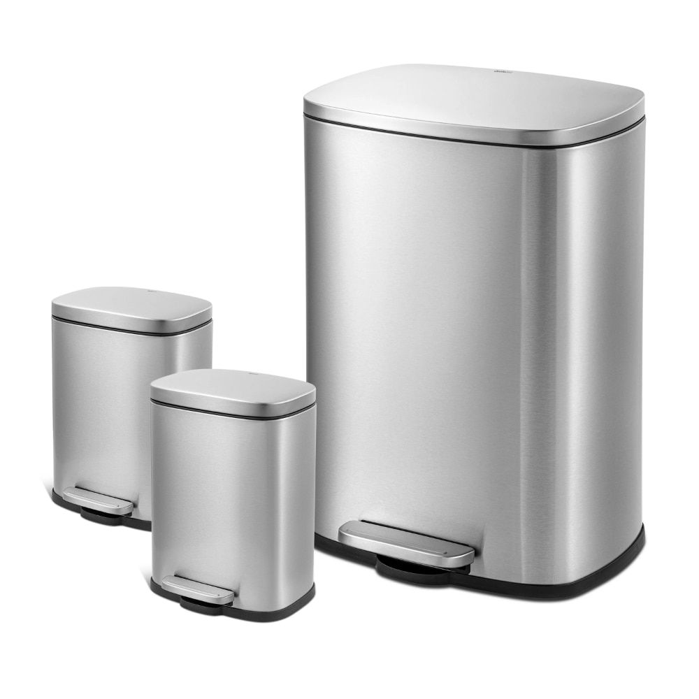 Rectangular Step Garbage Can 3 Piece Combo, 13.2 Gal , Two 1.3 Gal, Stainless S