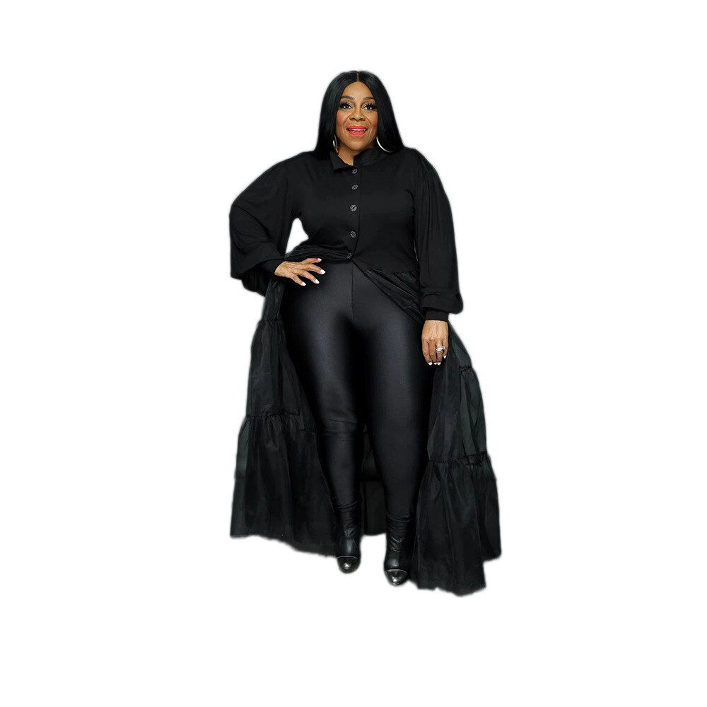 2022 Spring Fashion Balck Mesh Patchwork Plus Size Women Clothing Chic Long Sle