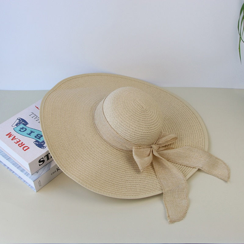Thumbnail: Summer Women Straw Hat Bowknot Wide Brim Floppy Panama Hats Female Lady Outdoor