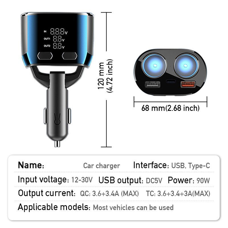 Miniature : BUVAYE 66W Car Fast Charger Cigarette Lighter Socket Dual USB PD Adapter Splitt