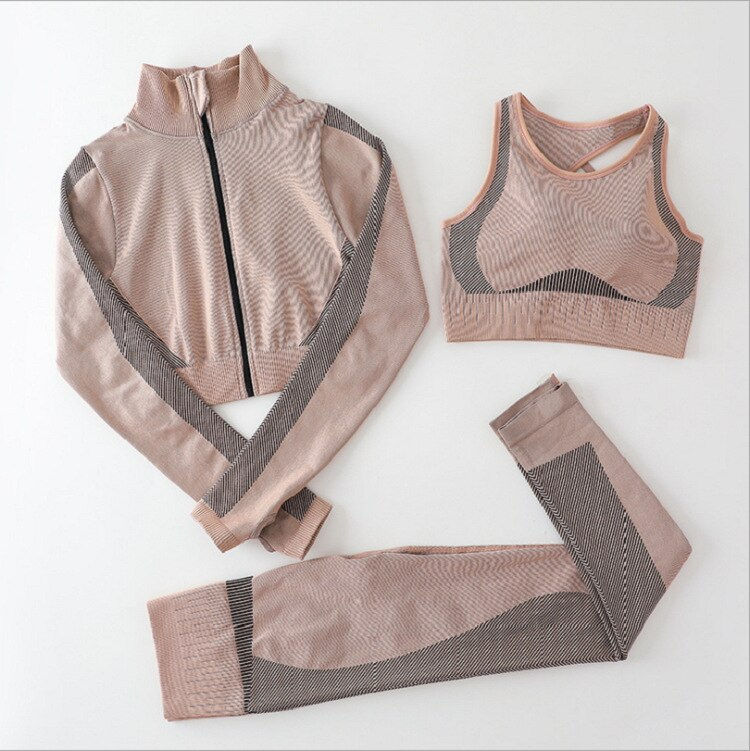 Thumbnail: Women's Autumn Winter Seamless Fitness Wear Zipper Shirt Sports Bra Gym High Wa