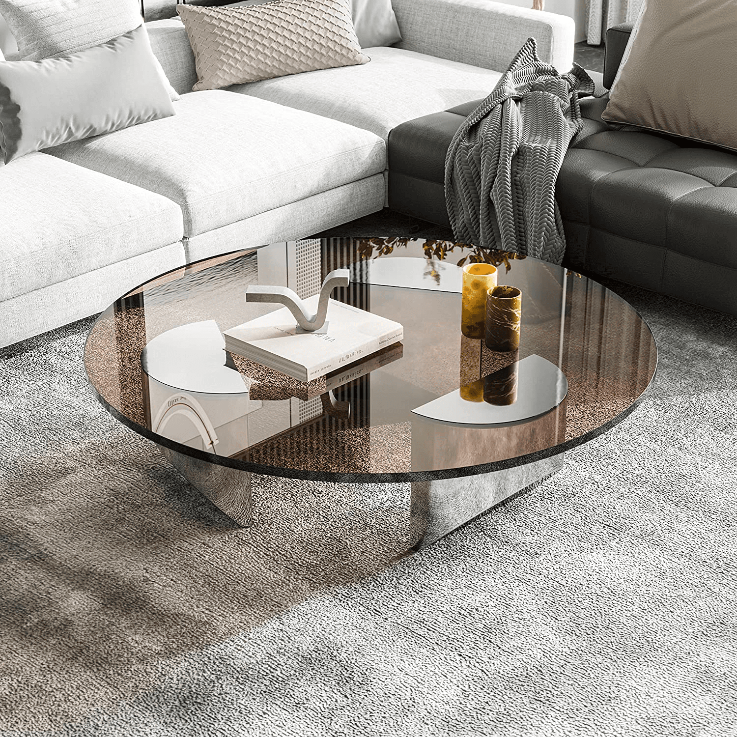 1inchome Round Glass Coffee Table Wedge Coffee Table, Modern Coffee Table with 