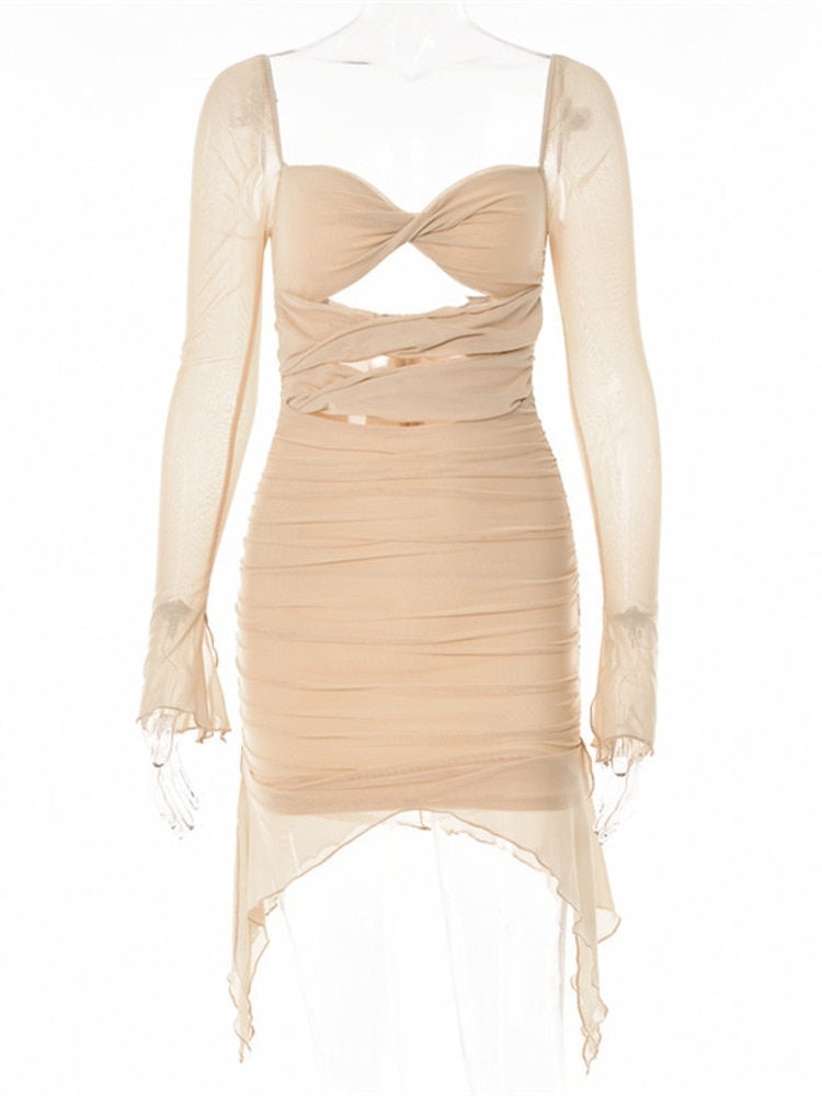 Thumbnail: Mozision Sexy Hollow Out Mini Dress Women Robe Double Layer Mesh Strapless Full