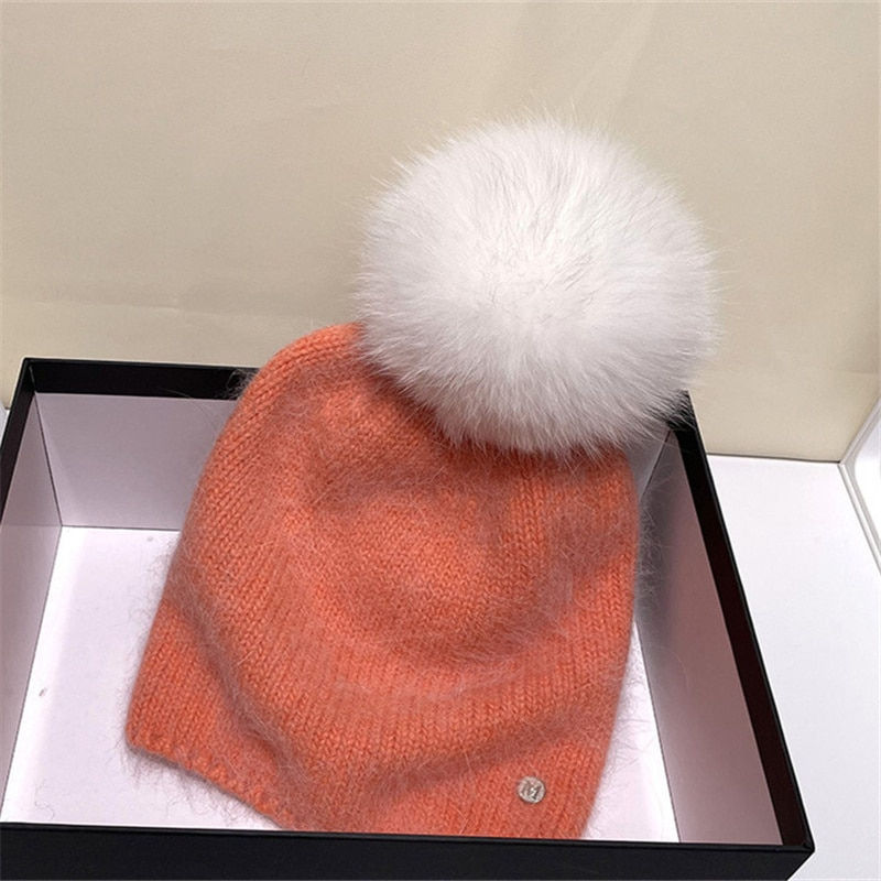 Thumbnail: New Winter Real Rabbit Fur Knitted Beanies For Women Fashion Solid Warm real fo