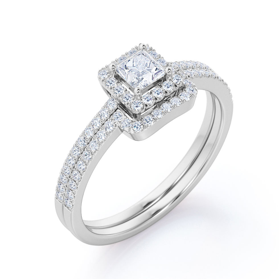 Thumbnail: Pave design - 0.4 TCW Princess Cut Diamond Halo Wedding Set - 10K White Gold