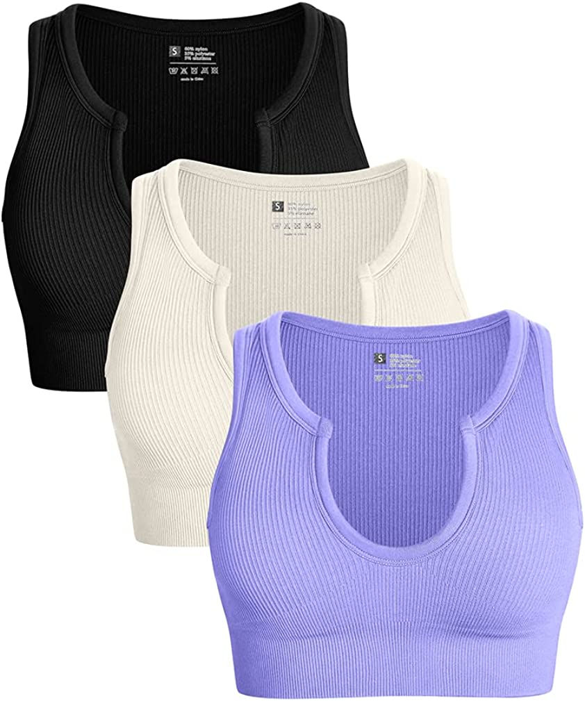 Thumbnail: OQQ Women's 3 Piece Medium Support Crop Top Seamless Ribbed Removable Cups Work