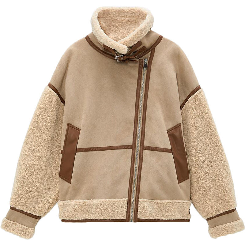 Thumbnail: New Winter Patchwork Suede Biker Jackets Autumn Women's Jacket Coat