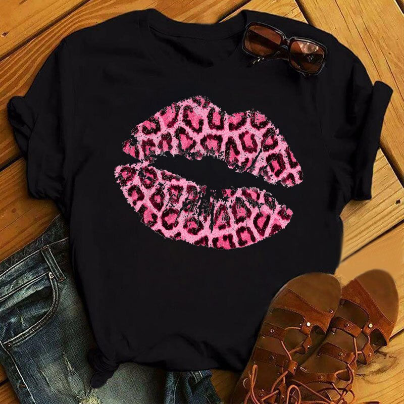 Thumbnail: Casual Top Pink Leopard Print Lips Women's Top New Women's Sexy Lip Pattern Wom