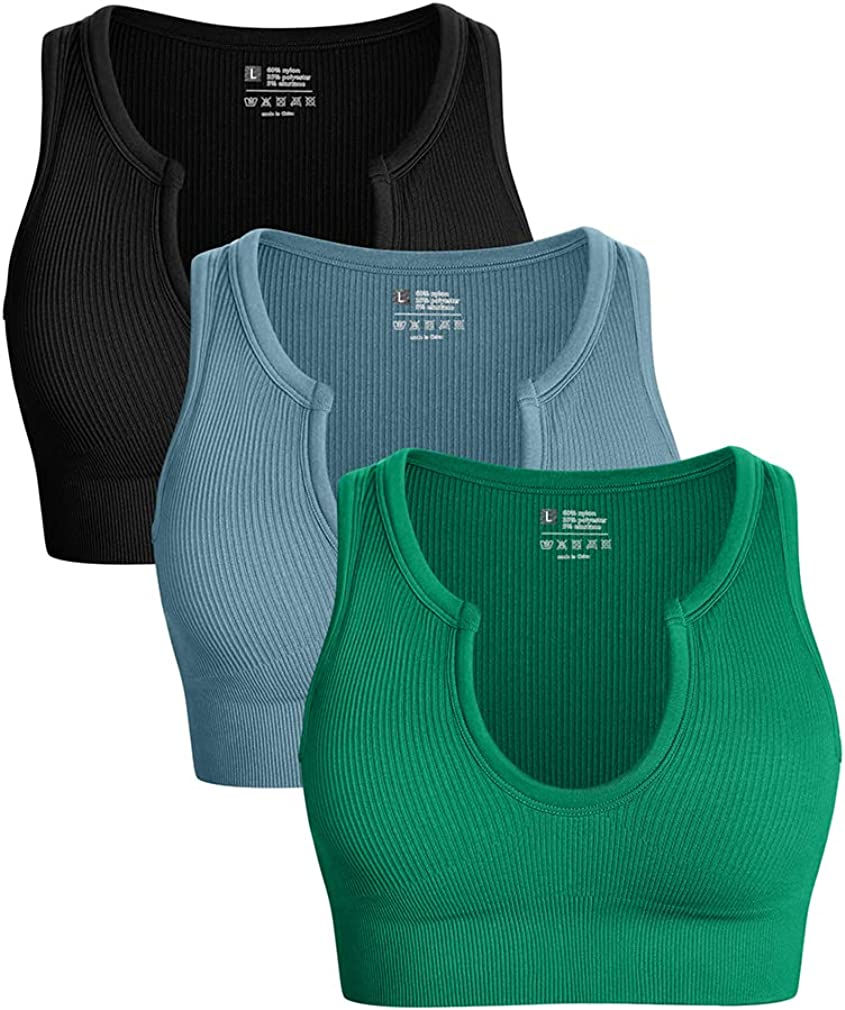 Thumbnail: OQQ Women's 3 Piece Medium Support Crop Top Seamless Ribbed Removable Cups Work