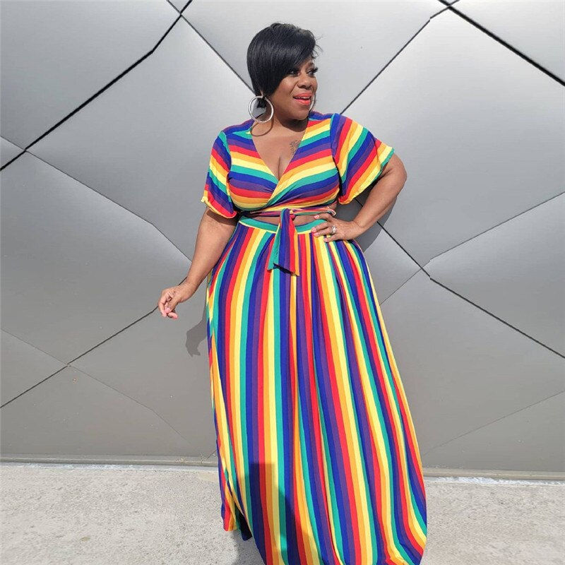 Miniature : M-5XL Two Piece Set Skirts Sets Plus Size Clothing Women Wholesale Striped Prin