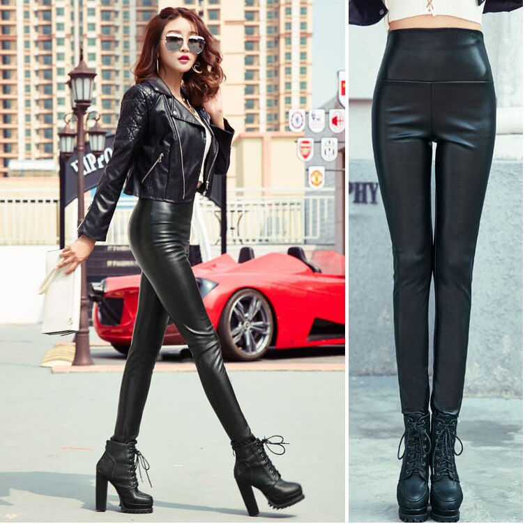 Thumbnail: PU High-waisted elastic leggings Black autumn winter new fashion fitting skinny