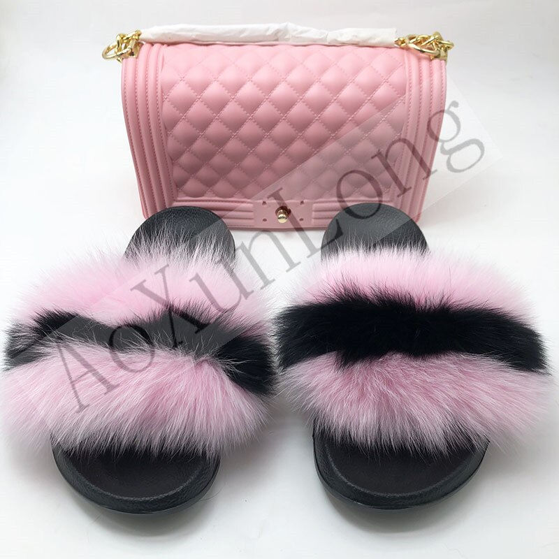 Miniatura: Fluffy Women Fur Slippers Set-Handbag Furry Real Fox Fur Slides Shoes Rainbow C