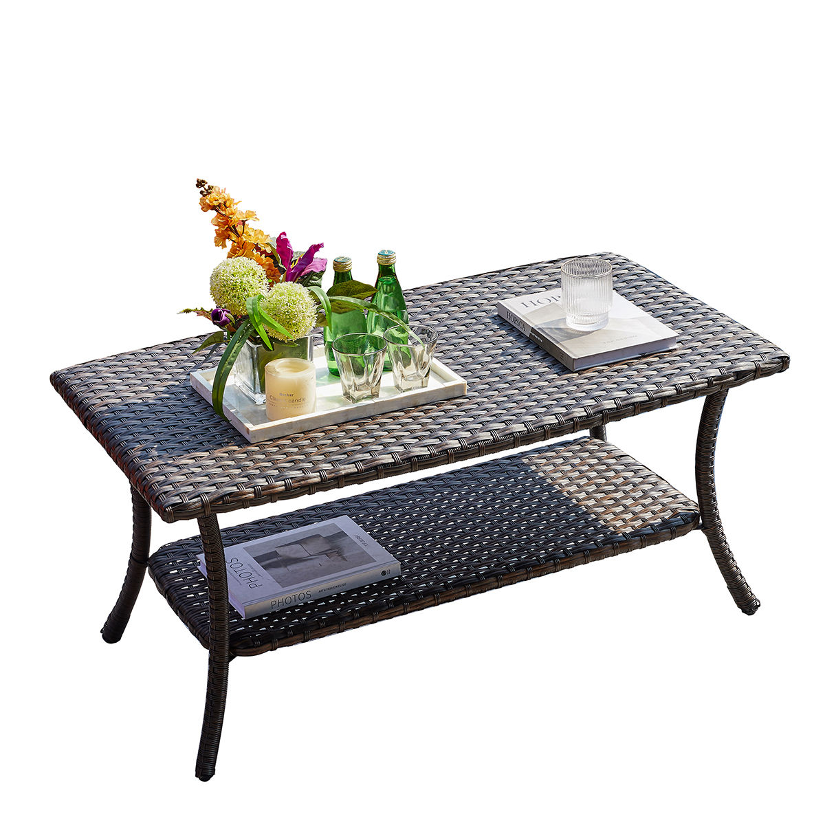 HUMMUH Outdoor Wicker Rectangular Coffee Table with 2-Tier Storage Shelf and Wi