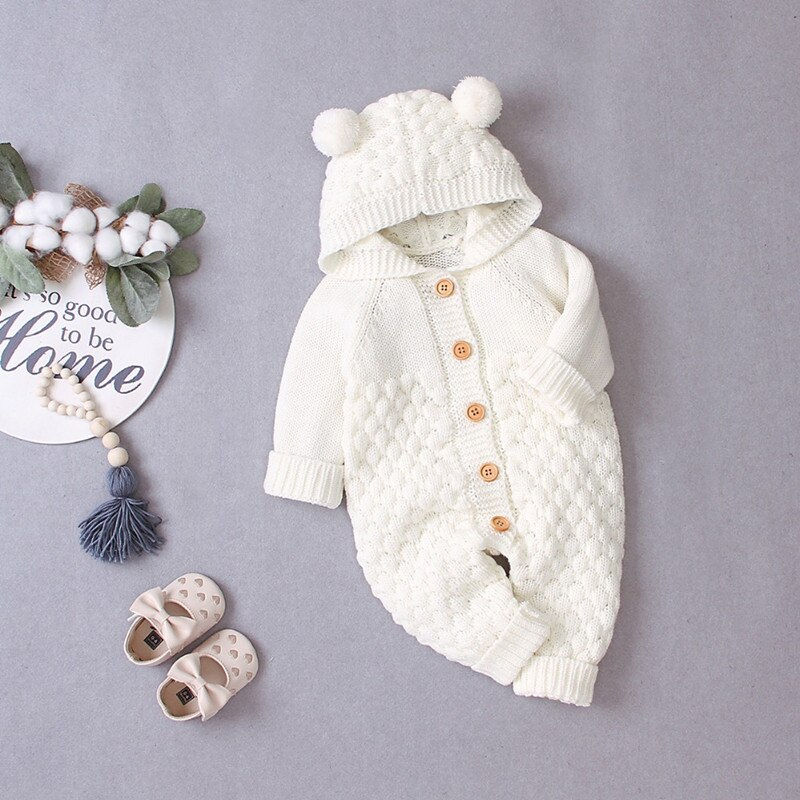Thumbnail: Knitted clothing with foot and hood baby clothes with fur collar for winter out