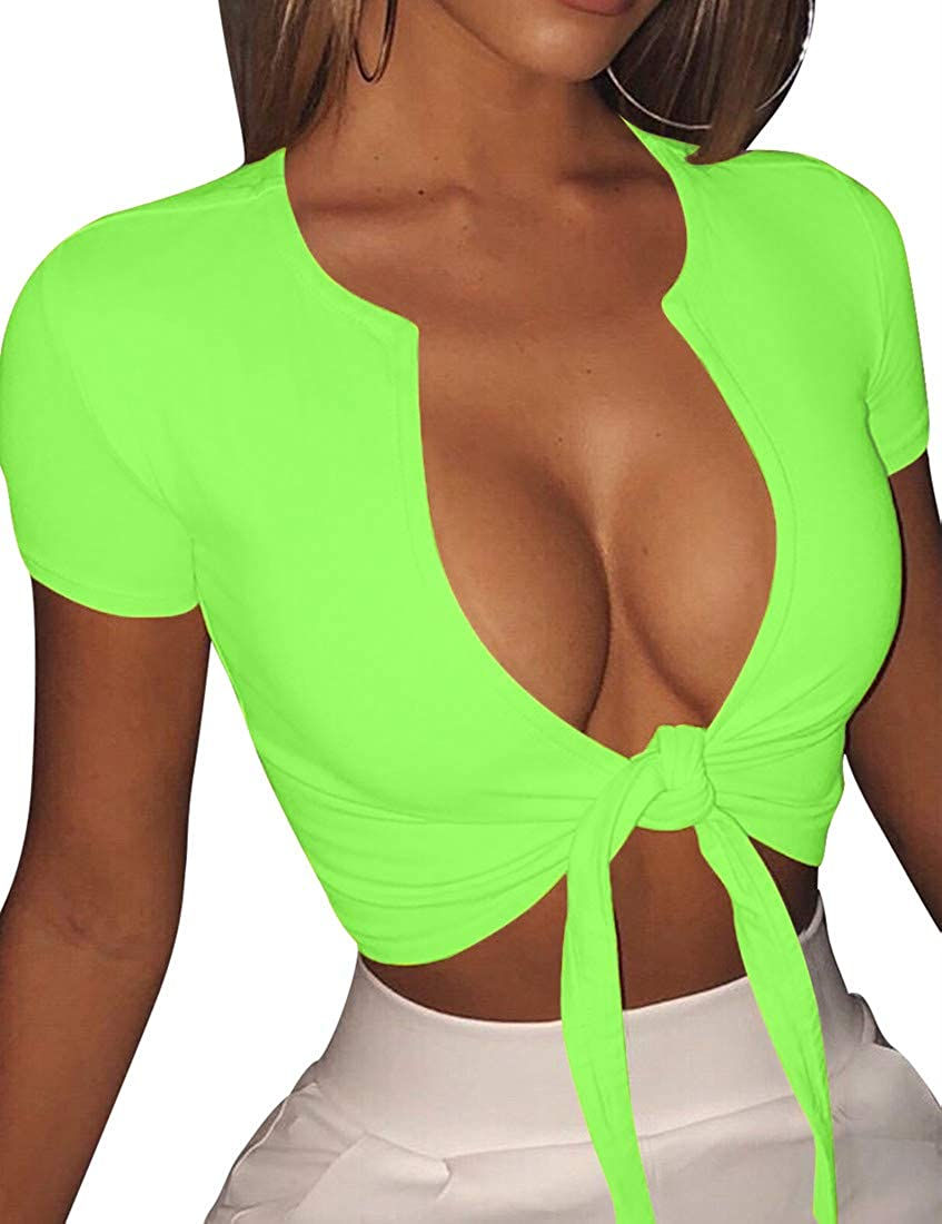 Thumbnail: BORIFLORS Women's Sexy Tie Up Crop Top Short Sleeve Deep V Neck Casual Basic T 