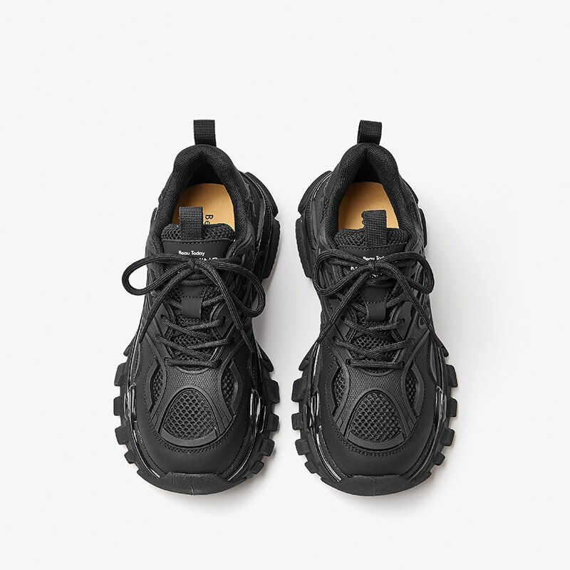 Thumbnail: BeauToday Chunky Sneakers Women Synthetic Leather Mesh Patchwork Round Toe Lace