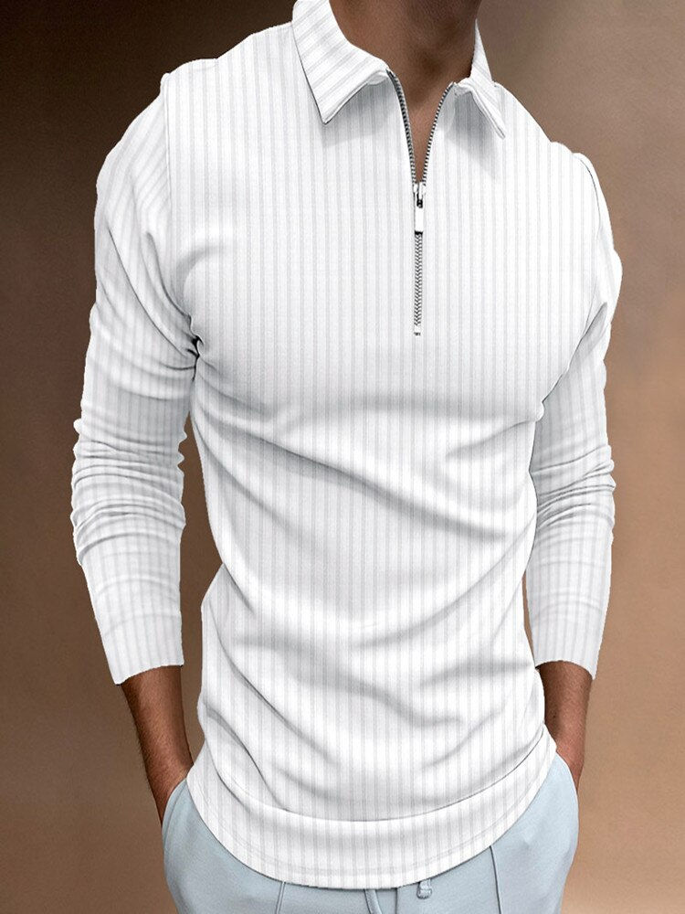 Thumbnail: Autumn Men's Stripe Long Sleeve Polo Shirt Men Solid Turn-Down Collar Zipper T 