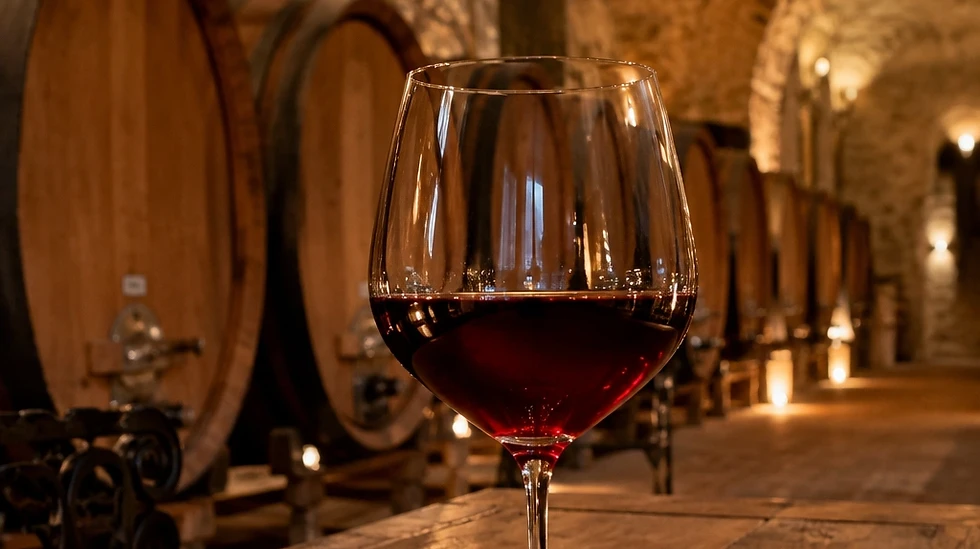 Studio photography of a single glass of red wine resting on a rustic wooden table. The background features rows of wine barrels in a dimly lit, atmospheric stone cellar.