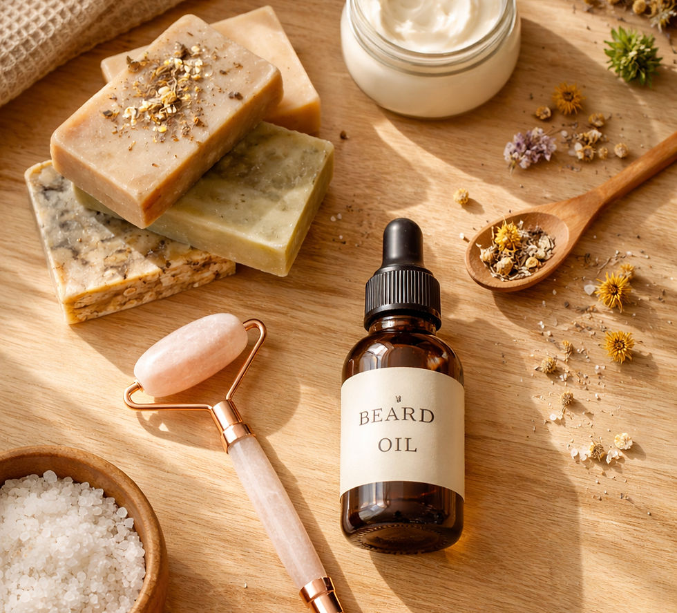 Beard oil bottle, soaps, and a jade roller on a wooden surface. Flowers and grains scattered. Warm sunlight creates a relaxed, natural mood.