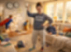 Woman in a sweatshirt holds a mug, smiling in a messy room. Child in a cape runs, another sleeps on a sofa. "Spring Forward" sign on wall.
