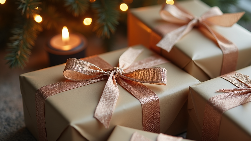 Close-up view of beautifully wrapped gifts with intricate ribbon work