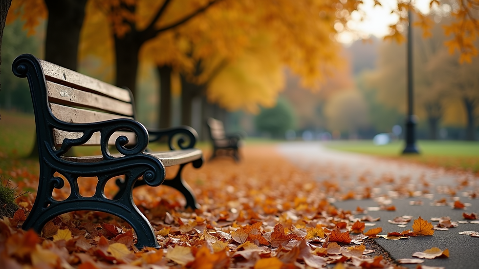 High angle view of a peaceful park bench surrounded by autumn leaves