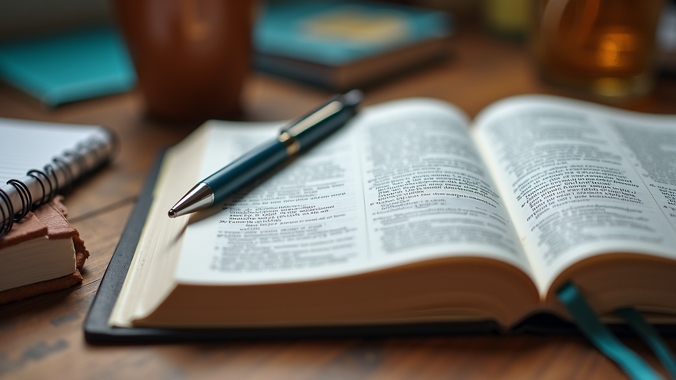 Close-up view of an open Bible with a notebook and pen beside it