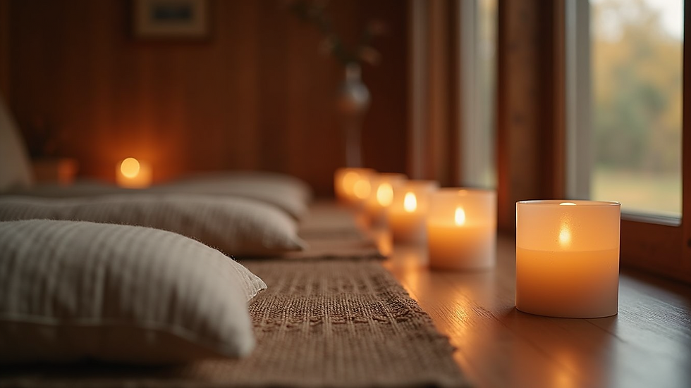 Eye-level view of a serene meditation space with candles and cushions