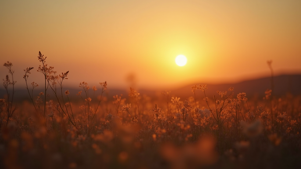 Eye-level view of a serene landscape at sunset