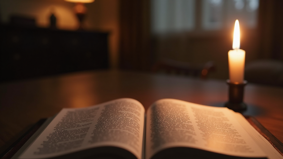 Eye-level view of a quiet room with an open Bible and a lit candle