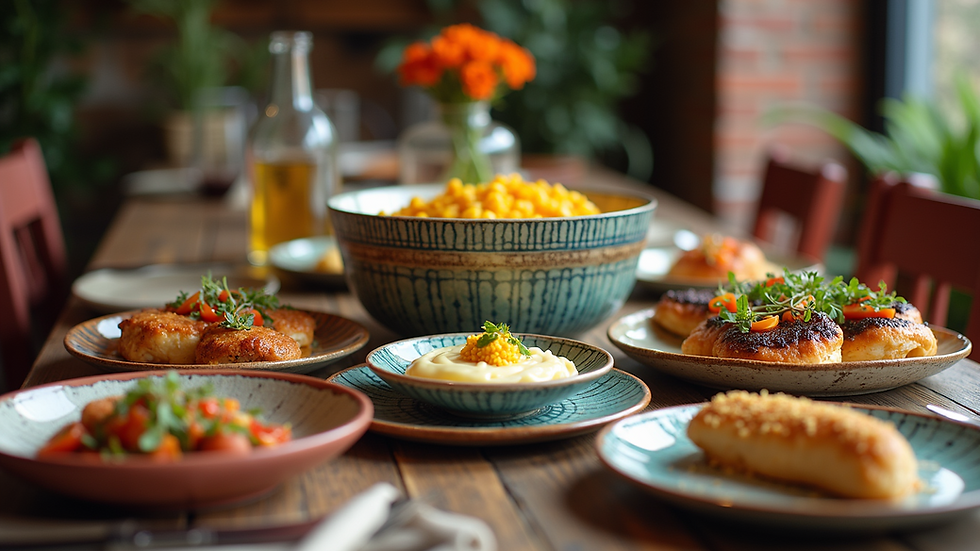 Eye-level view of a rustic wooden table with assorted colorful dishes