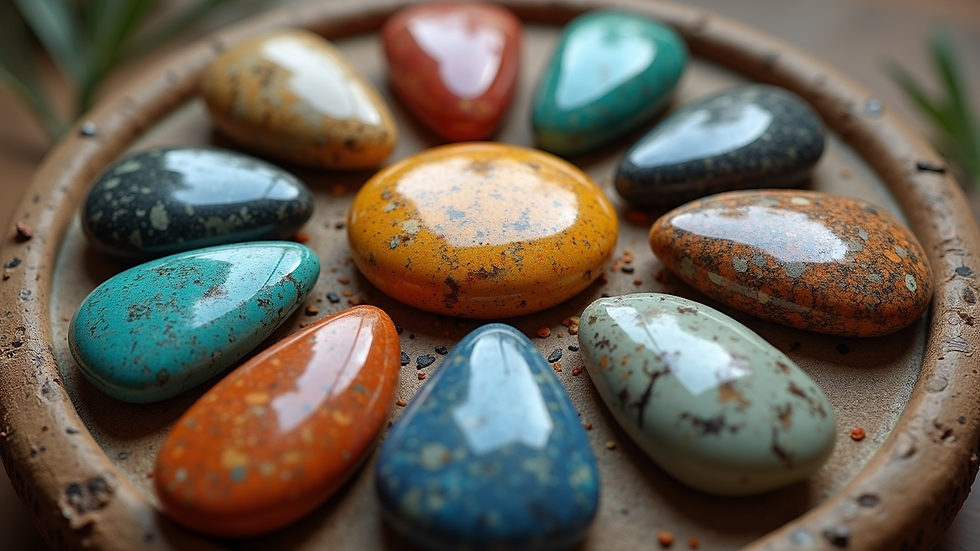 High angle view of twelve colorful stones arranged in a circle