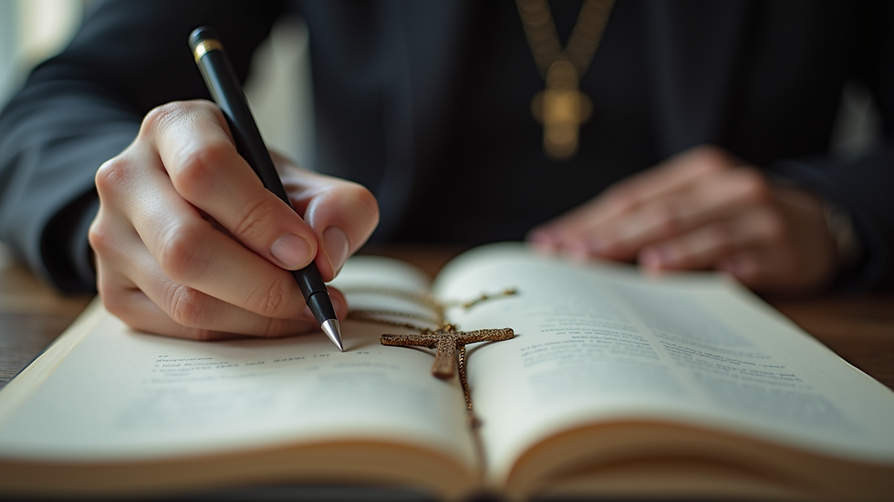 Close-up of a hand writing in a journal with a cross necklace nearby