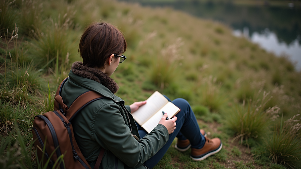 High angle view of a person sitting quietly in nature with a notebook