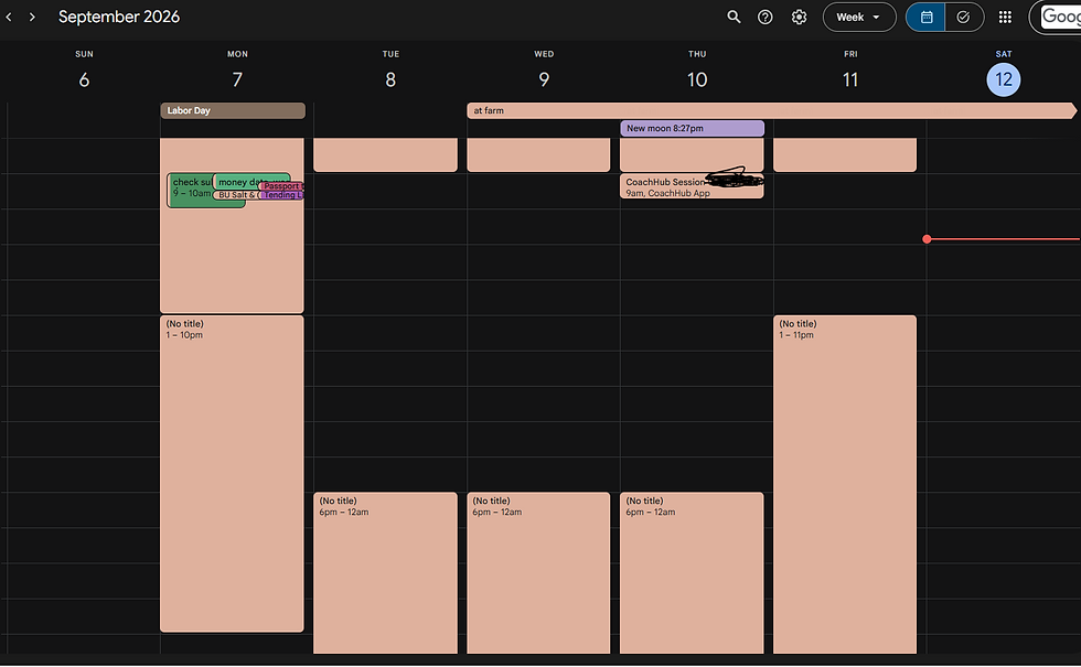 Weekly calendar showing several open appointment periods alongside scheduled work and a multiday farm sit.