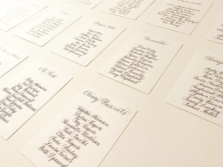 handmade seating plan with full calligraphy guest names and table names