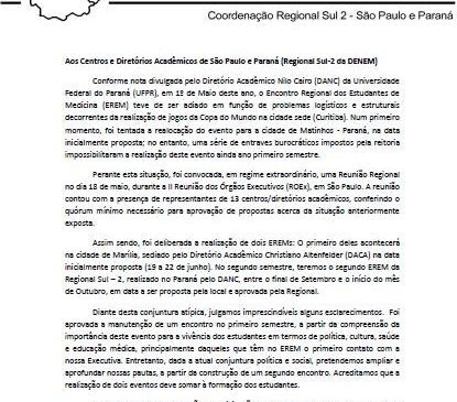 Carta da Coordenação Regional Sul 2 a respeito dos EREM’s deste ano
