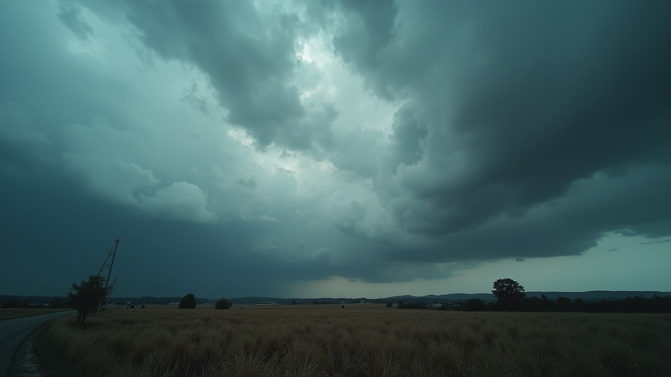 Wide angle view of a stormy sky over a landscape