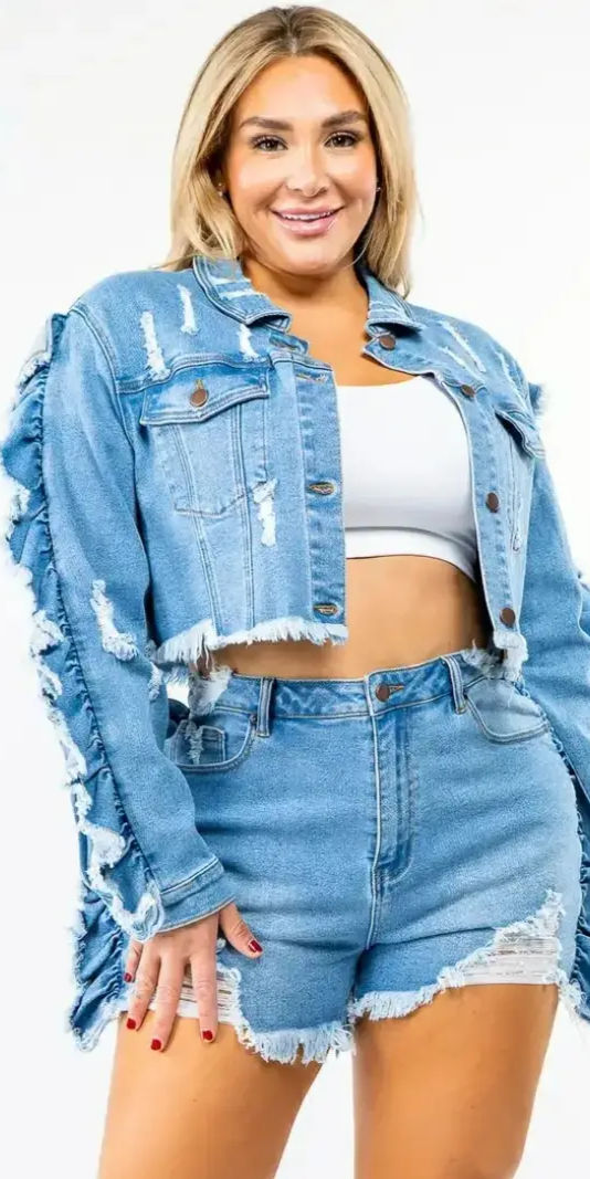 Thumbnail: Curvy Size Distressed Fringed Denim Jacket