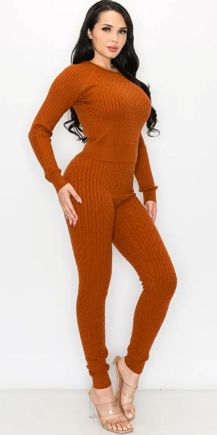 Thumbnail: Long Sleeve Top And Pants Cable Knit Sweater Set