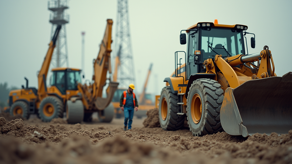 Close-up view of a construction site with heavy machinery and workers