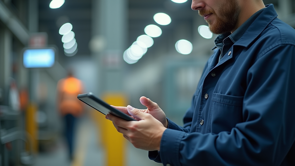 Close-up view of a factory worker using a tablet to check schedules